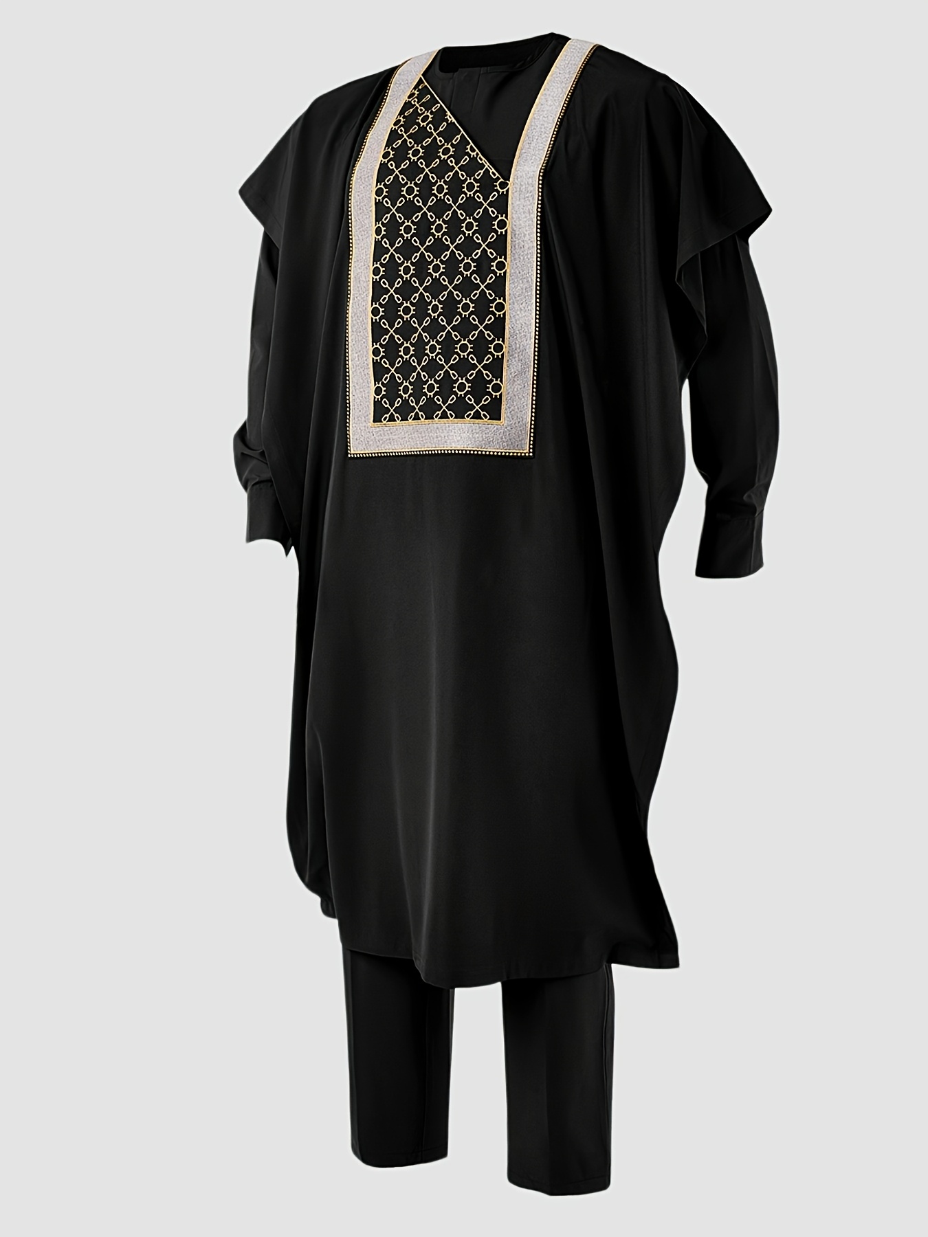 Men's Agbada 3pcs Set, Embroidered Pattern, Crew Neck, Hidden Buttons, Slit Hem with Pockets, Ethnic Pattern Robe, Long-Sleeve Shirt, Drawstring Elastic Waist Pants, Suitable for Banquets, Birthdays, Gatherings, Weddings, Holiday Celebrations, Dates
