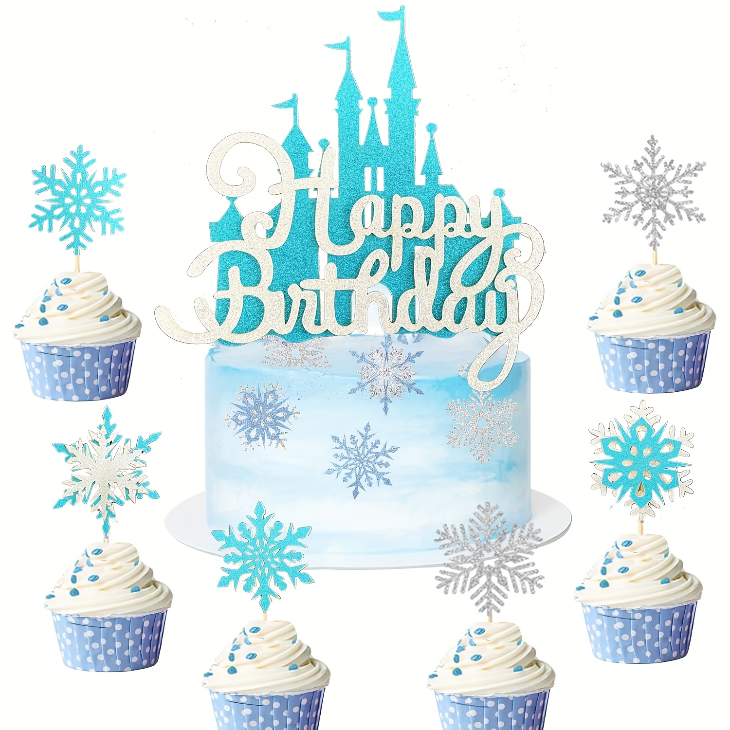 Image of 13pcs Cake Toppers Double Layer Silvery Blue Snowflake Cupcake Toppers Winter Cake Decorations For Birthday Baby Shower Party Supplies