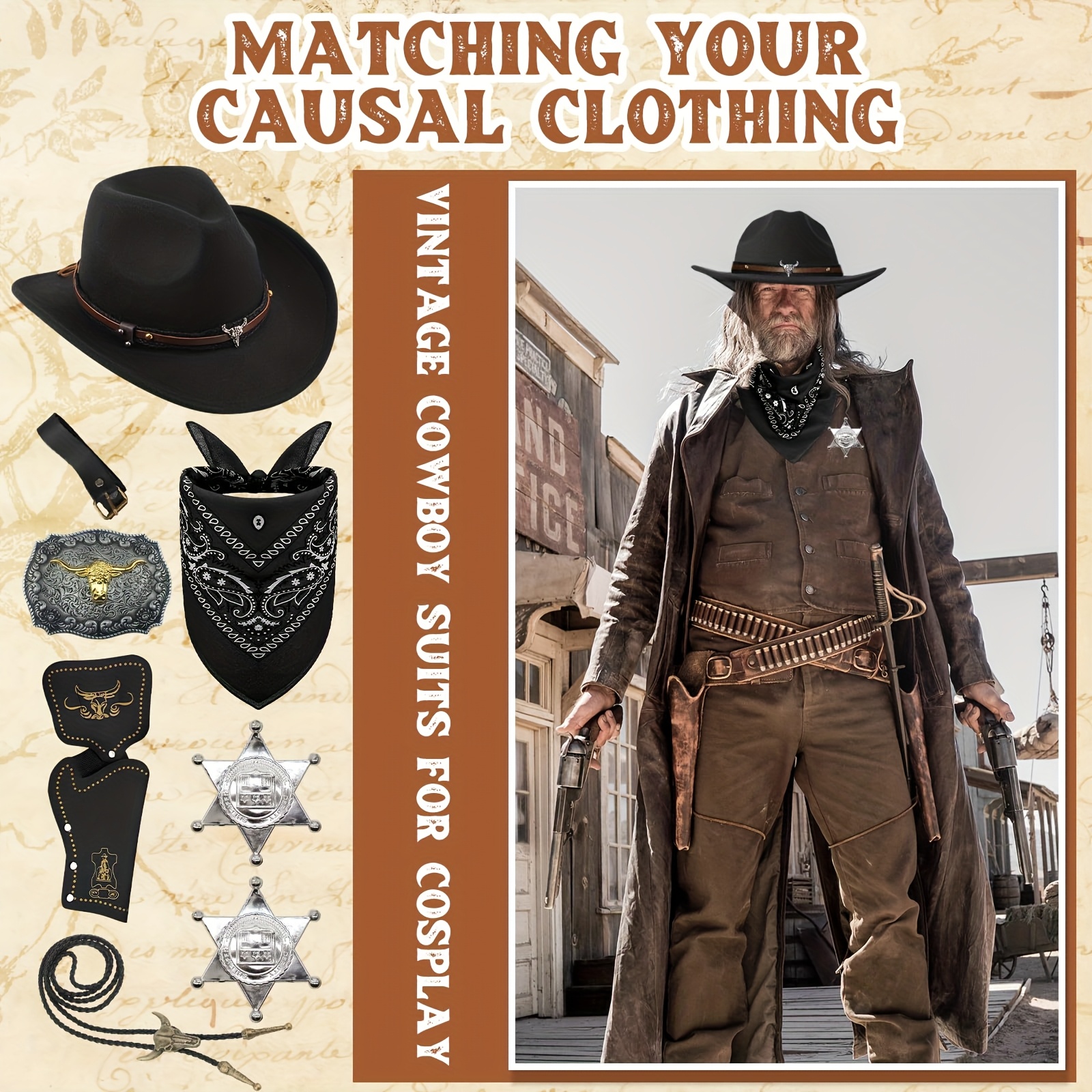 set 7 western cowboy costume additions featuring a black hat  display picture 3