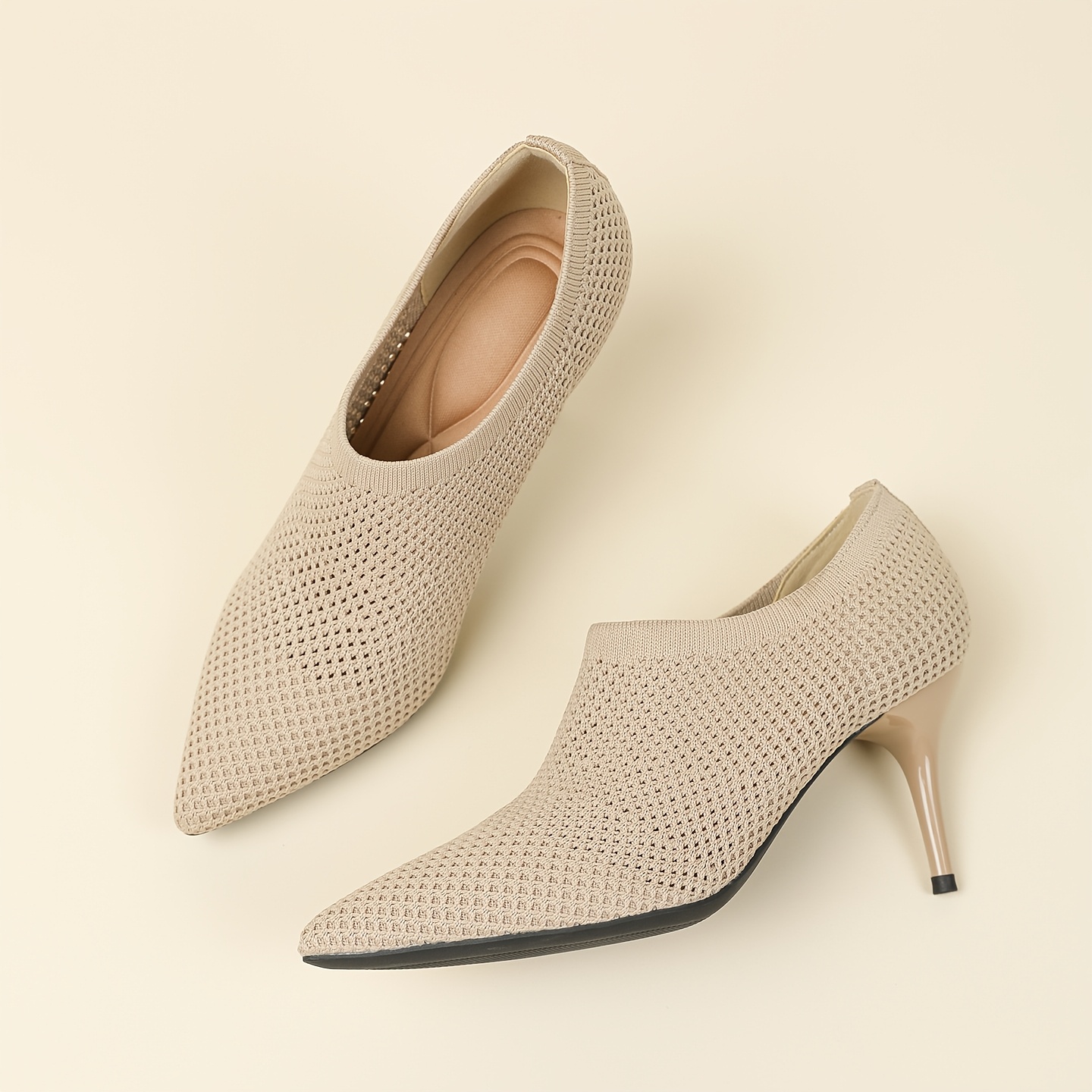 TEMU Breathable Mesh Pointed-toe High Heel Deep-v Flat Shoes With Delicate Cut-out Upper. And Dry, The Pointed Toe The Foot, While The Slim Stiletto