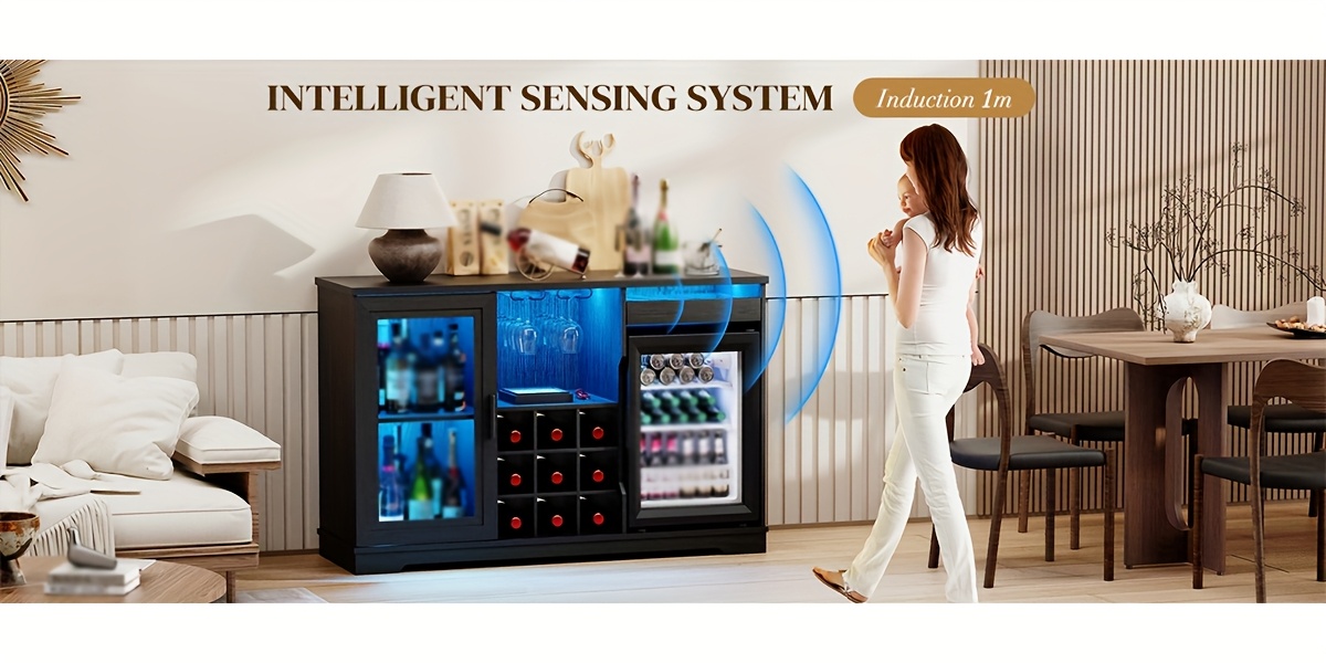Bar Cabinet with Refrigerator, Motion Sensor, 3-Color LED Light, Glass Rack, Wine Rack, Large Storage Capacity, Mini Fridge Cabinet, Coffee Cabinet