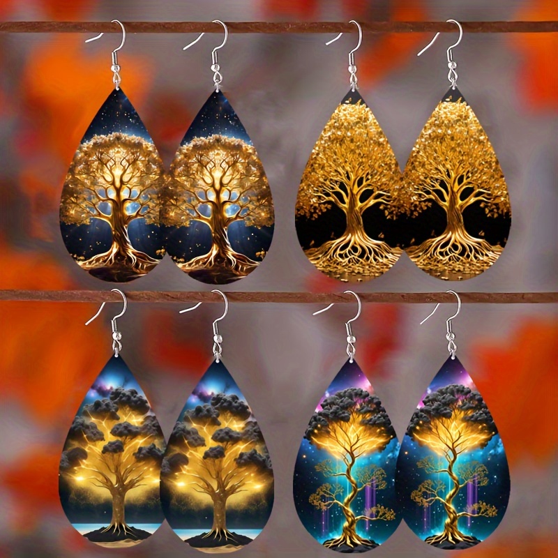 TEMU 4 Pairs Flower Earrings Fashion Women's Tree Wooden Shaped Pendant Earrings Jewelry Gifts