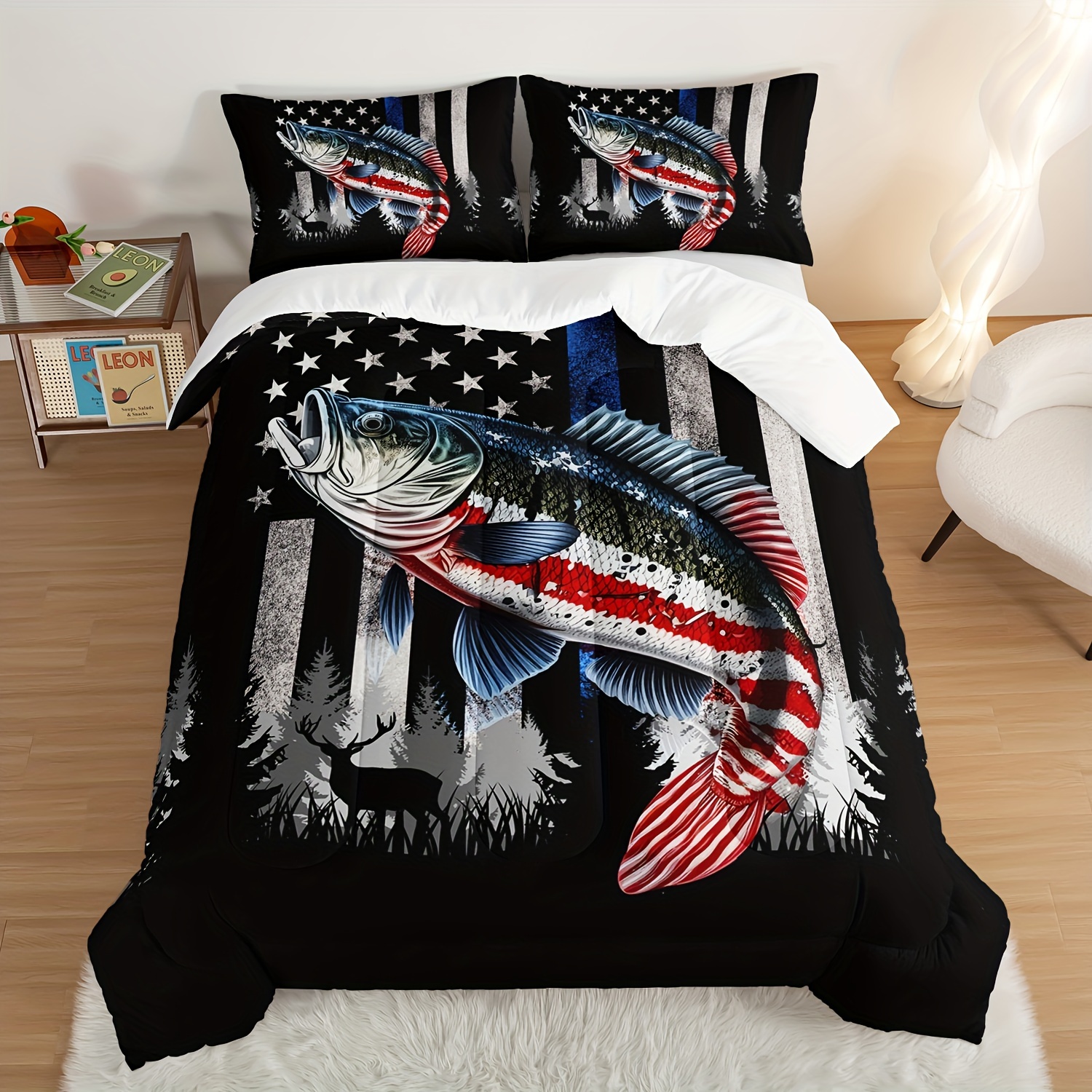 

3pcs Modern Fashion Polyester Comforter Set (1*comforter + 2*pillowcase, Without ), American Flag Striped Bass Print Bedding Set, Soft Comfortable And Skin-friendly Comforter For Bedroom,