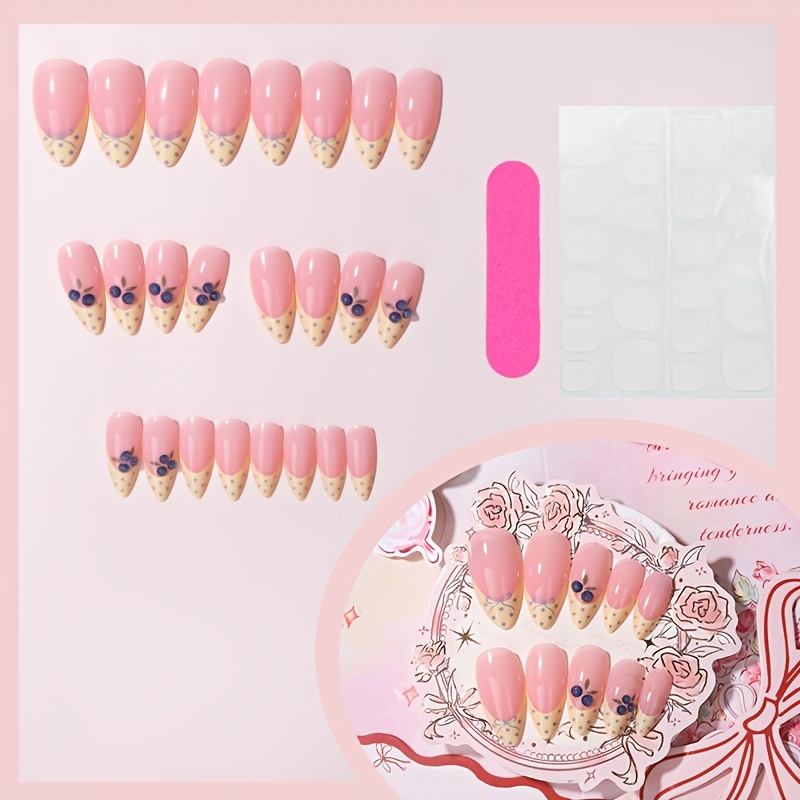 TEMU 24pcs Nails, Milk Yellow Polka Dot And Blueberry Details, Self-fresh And , With 1pc Jelly Glue Self-adhesive And 1pc Rubbing Strip, , Suitable