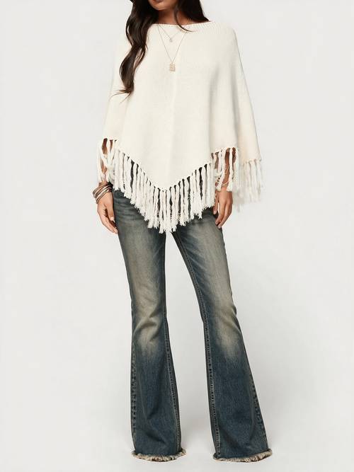 artikel foto crème poncho-top met franjes aan de zoom voor dames, casual, losvallend, lange kwastjes, vleermuismouwen, sjaalcape-trui