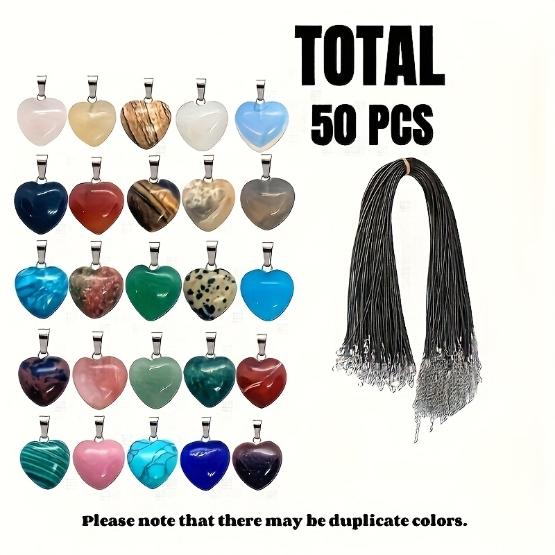 

Lot de 50 Pendentifs Cœur en Pierre Naturelle Colorée avec en Similicuir Noir - Idéal pour la Création de Bijoux, Montres & Accessoires DIY - Cadeau de Fête