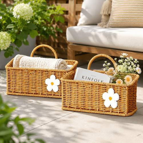 2pcs shelf baskets imitation rattan woven hanging baskets wall baskets space saving wall organizer suitable for kitchen bathroom living room bedroom decorative storage baskets shelf baskets