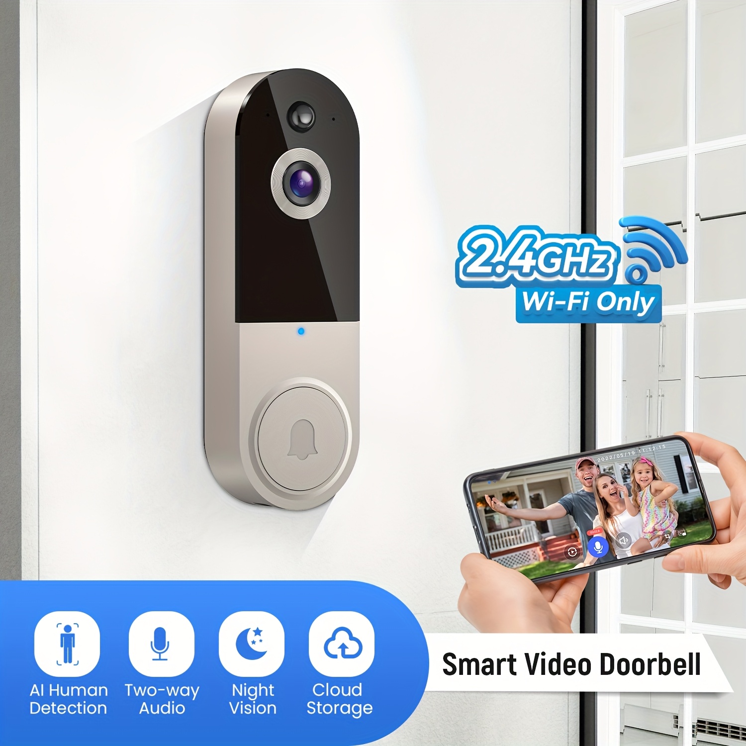 TEMU Sonnette Vidéo Fil, Détection par IA, Vue en Direct, Audio Bidirectionnel, Vision , Wi-Fi 2.4G, Stockage Cloud, Caméra de Surveillance
