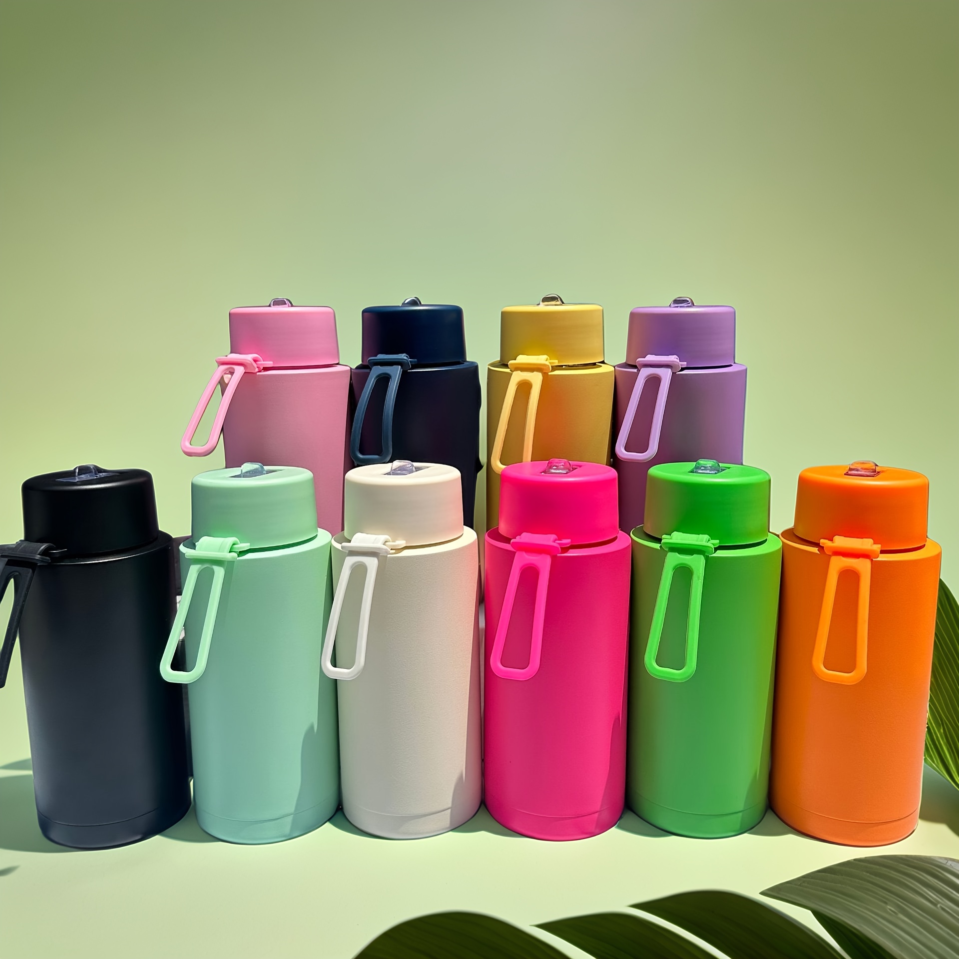 1000ml (34온스) 용량의 실리콘 손잡이가 달린 대용량 스테인리스 스틸 보온병 - 음료를 따뜻하거나 차갑게 유지하며, 빨대, 빨대 브러시, 컵 브러시가 포함되어 스포츠, 야외 활동 및 캠핑에 적합합니다.