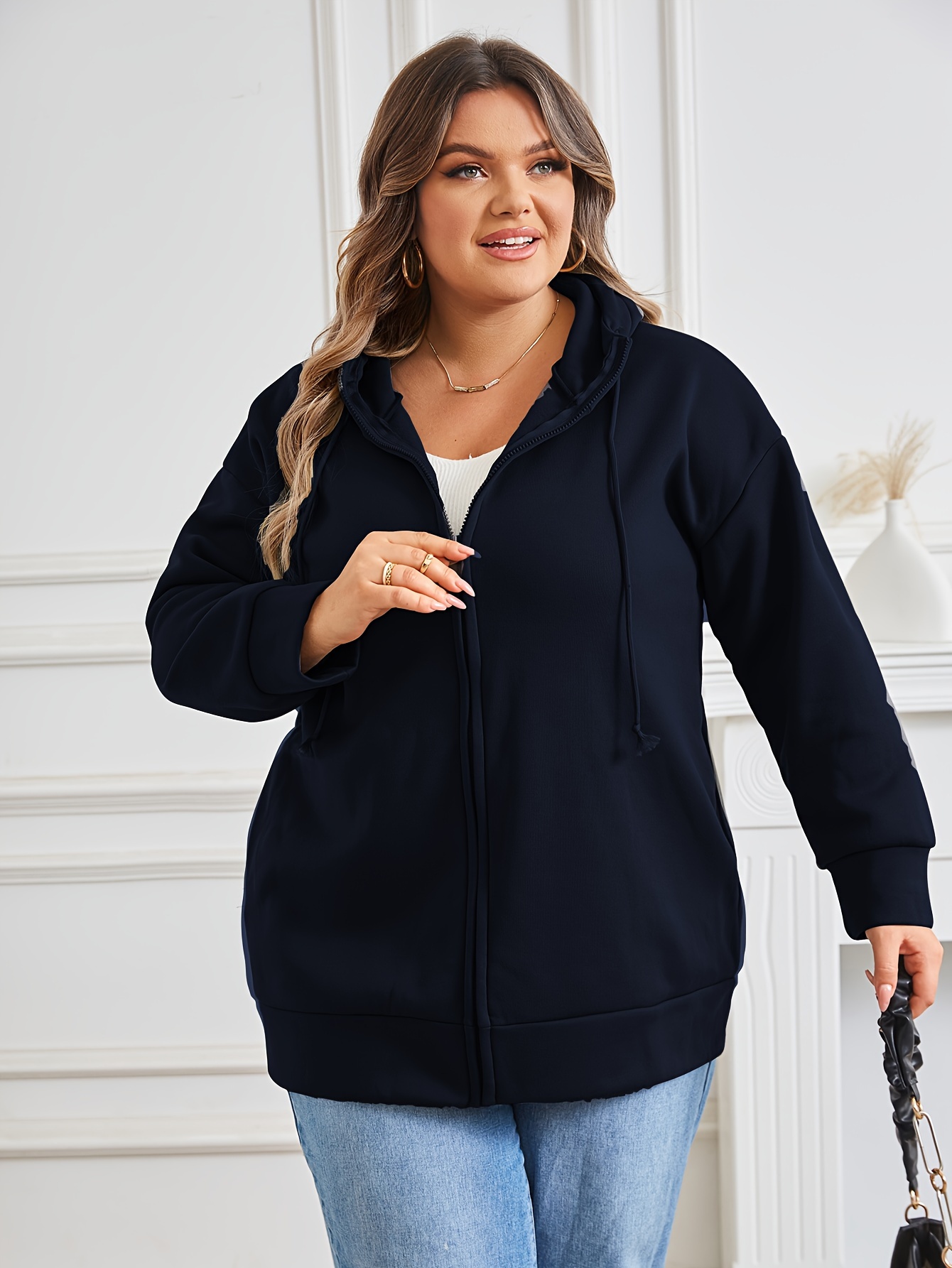 Plus Size Drawstring Zip Front Hoodie, Casual Long Sleeve Hooded Sweatshirt  For Fall & Winter, Women's Plus Size Clothing - Women's Curve Clothing -  Temu