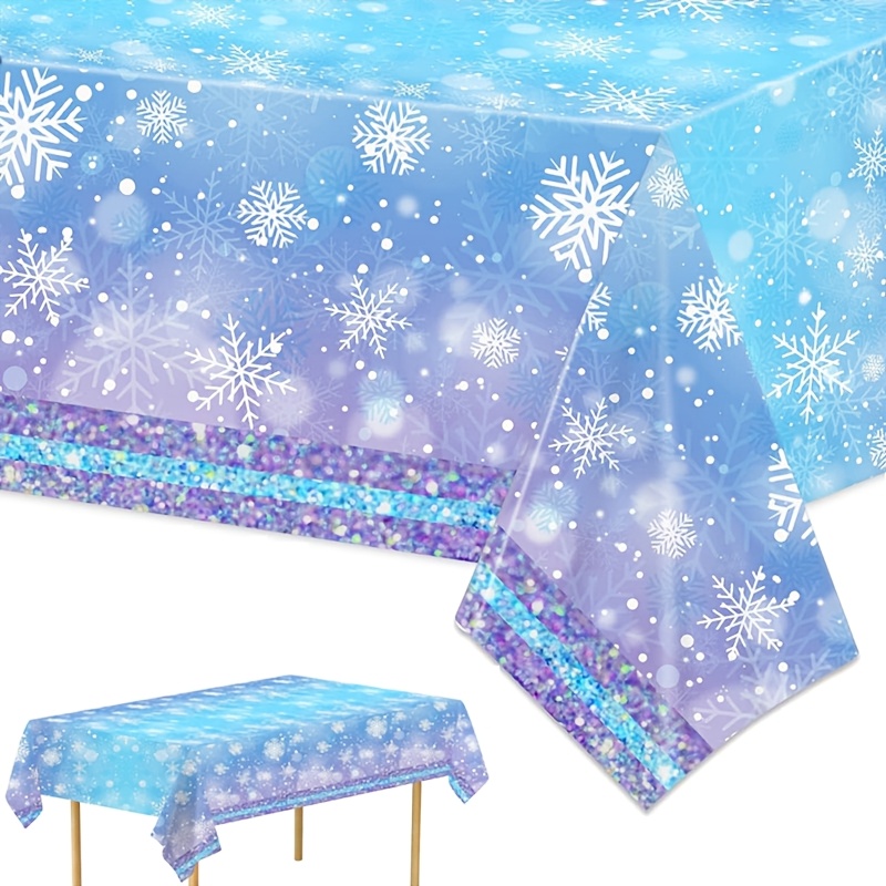 

1pc, Christmas Tablecloth Birthday Party Supplies Disposable Plastic Table Cover Blue And White For Winter Theme Christmas Birthday Party Holiday New Year Decorations