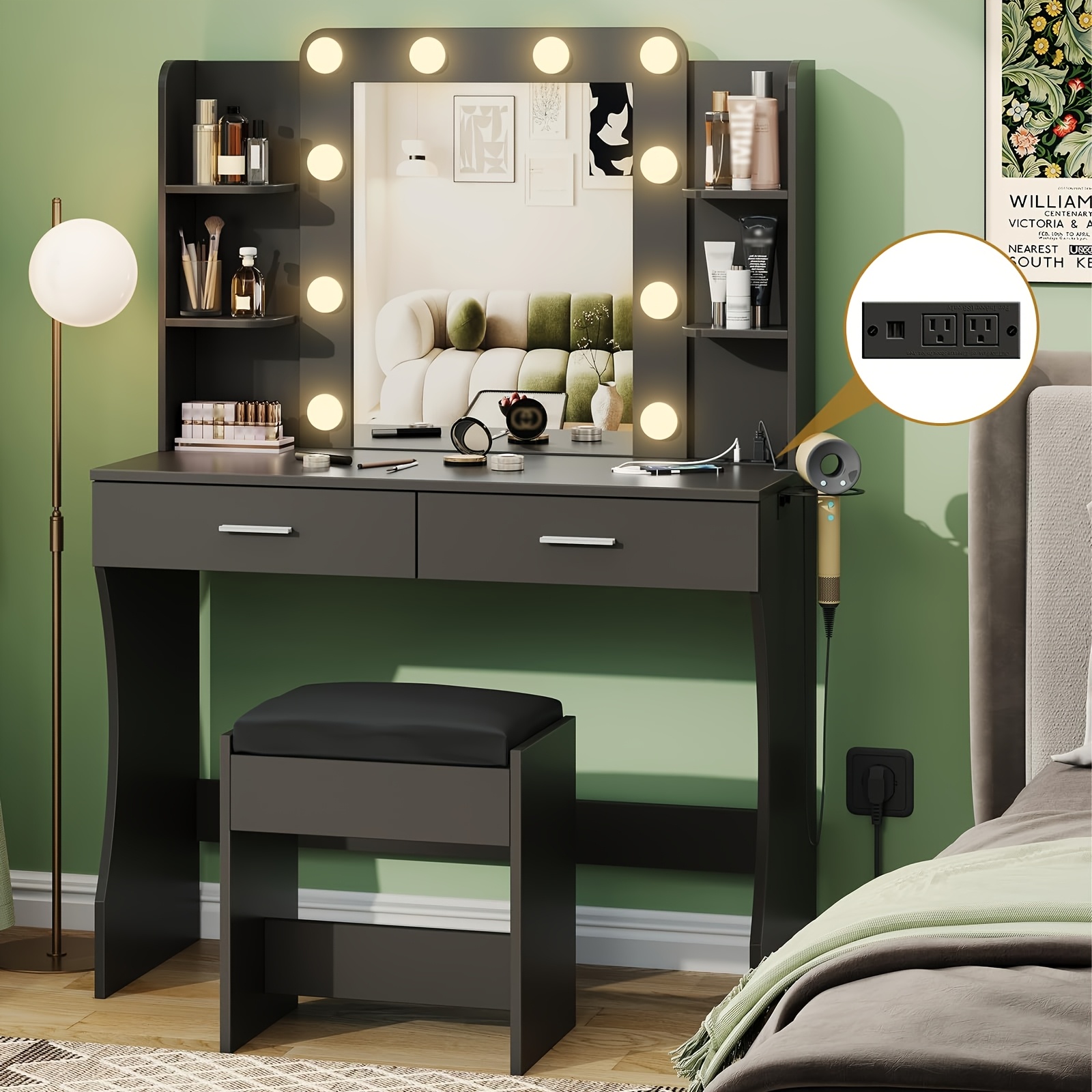 TEMU Dressing Table With Lighting, Dressing Table With Power Board, Dressing Table Set With 2 Large Drawers, Dressing Mirror With 3 Adjustable