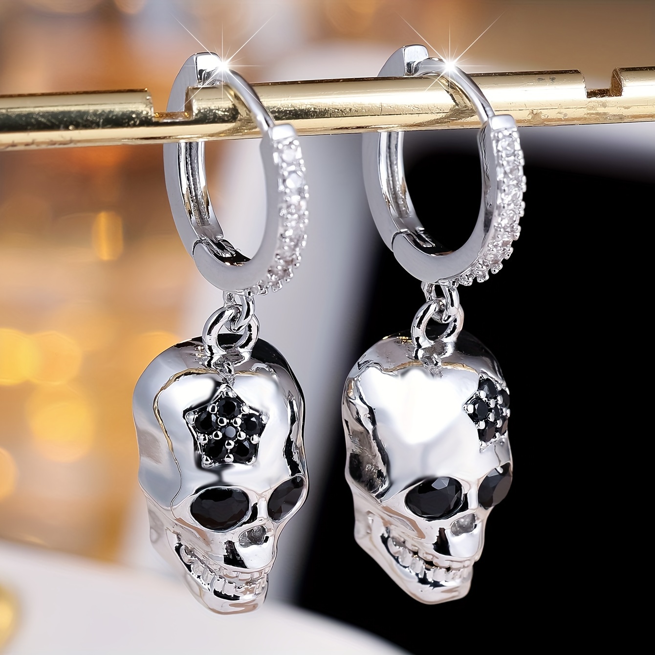 

Gothic Chic Skull Dangle Earrings - Hypoallergenic Nickel-free Copper, Sparkling Cubic Zirconia Accents, Halloween Parties, Casual , And Goth Fashion Enthusiasts