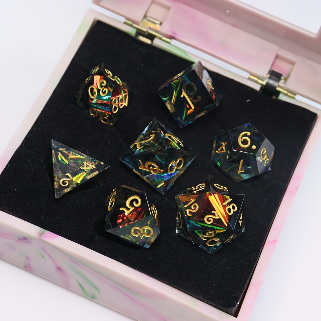 

7pcs Iridescent Resin Dice Set With - Party Games, Creative Abs Material, Polyhedral Shape, Includes Pink Marbled Storage Box, Games For Party