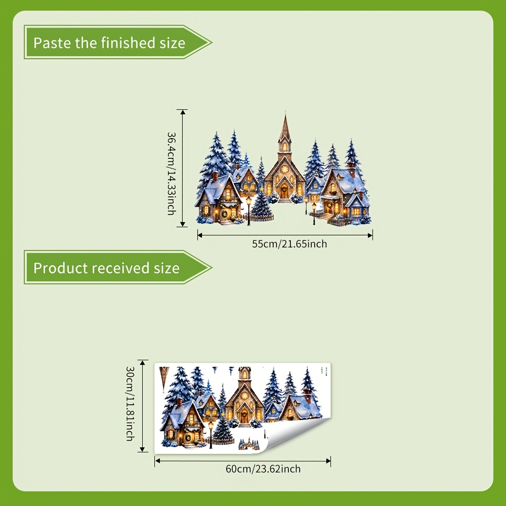 TEMU 1pc Christmas Winter Snow Scene Village Double-sided Window Wall Sticker, Snowy Cabin Church Pine Tree Glass Decal, Warm Light House Pattern