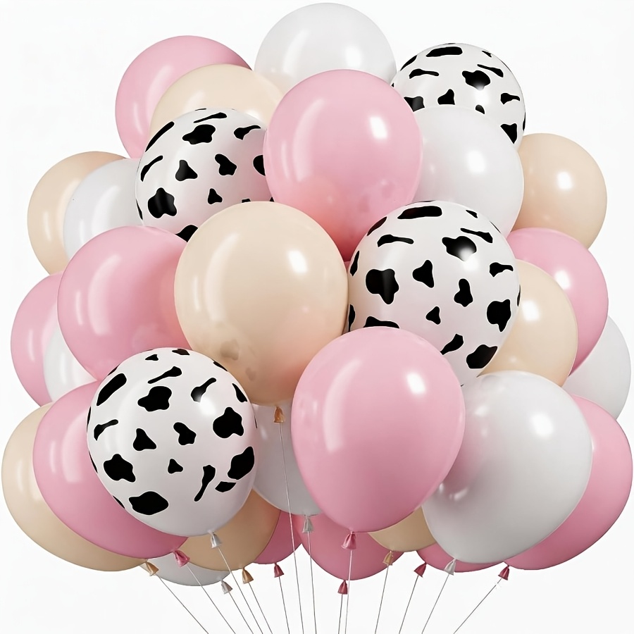 TEMU 50pcs Women's Denim Balloons, Light Pink Pale Pink White Nude Retro Western Style Cow Print Party Balloons, Suitable For Bohemian Cowboy Theme