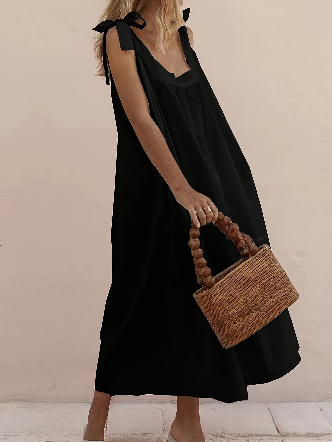chinese dress ladies Honeystore Women's Summer Dress Casual Loose V Neck Short Sundress Ruffle  Flowy Swing Dresses 3073-Black S at Amazon Women's Clothing store main image 0