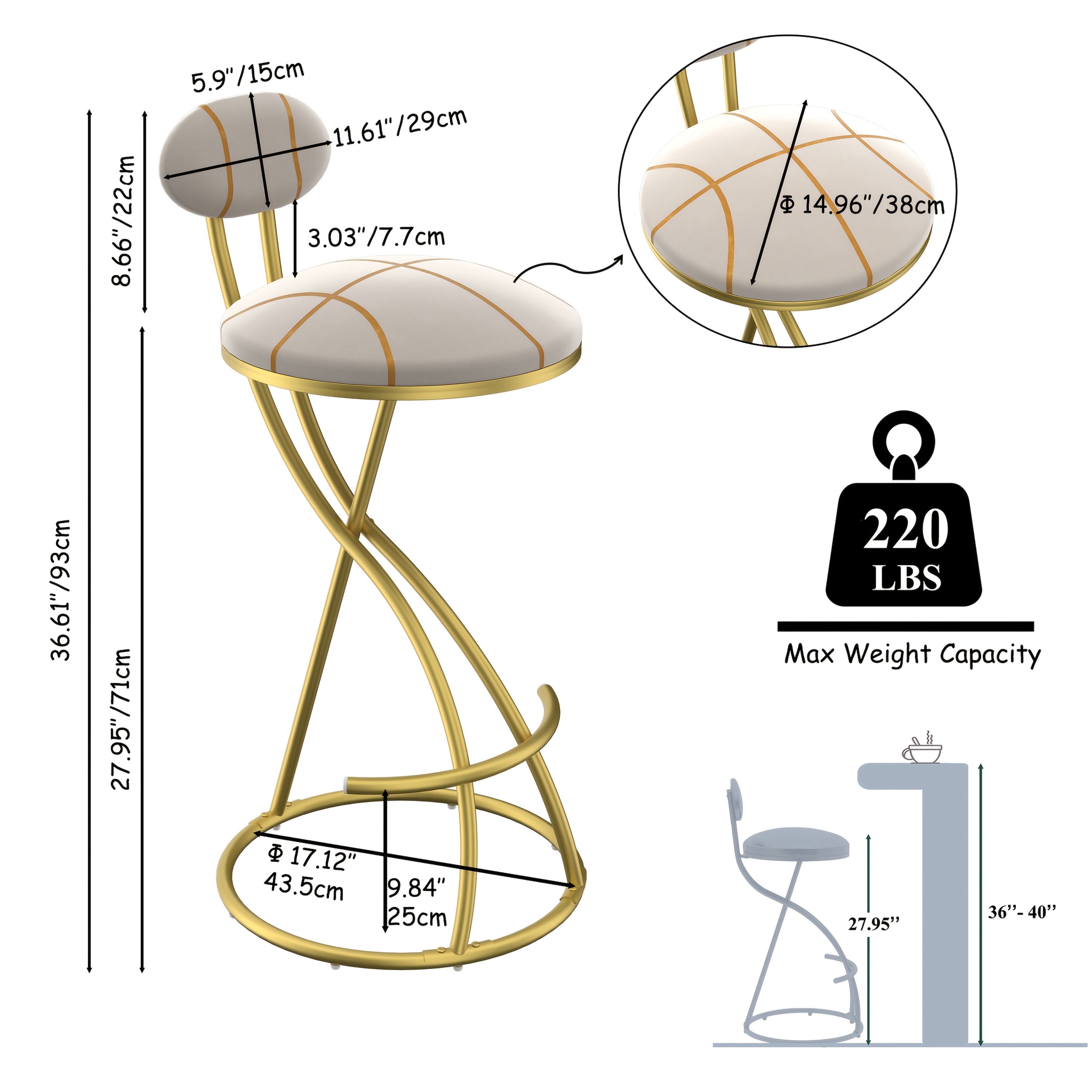Pair of Contemporary Velvet Bar Stools with Counter Height, Featuring a Golden Metal Frame And S-Shaped Stripe Backrest, Upholstered Round Chairs Inspired by Basketball And Soccer, Complete with Footrest for Dining Areas, Kitchens, And Bars