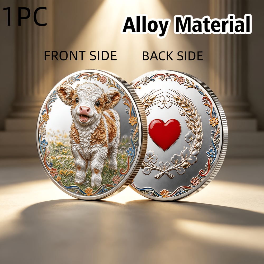 TEMU 1pc, 2d Flat Printed Highland Calf Commemorative Coin, Alloy Material. Suitable For: Office Workers, Entrepreneurs, Stable Wealth, Emotionally ,