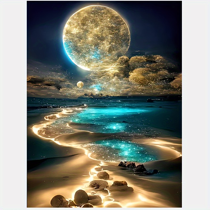 

Kit de peinture diamant 5D Paysage de plage sous la lune - Décoration murale en toile de diamant rond pour adultes et débutants