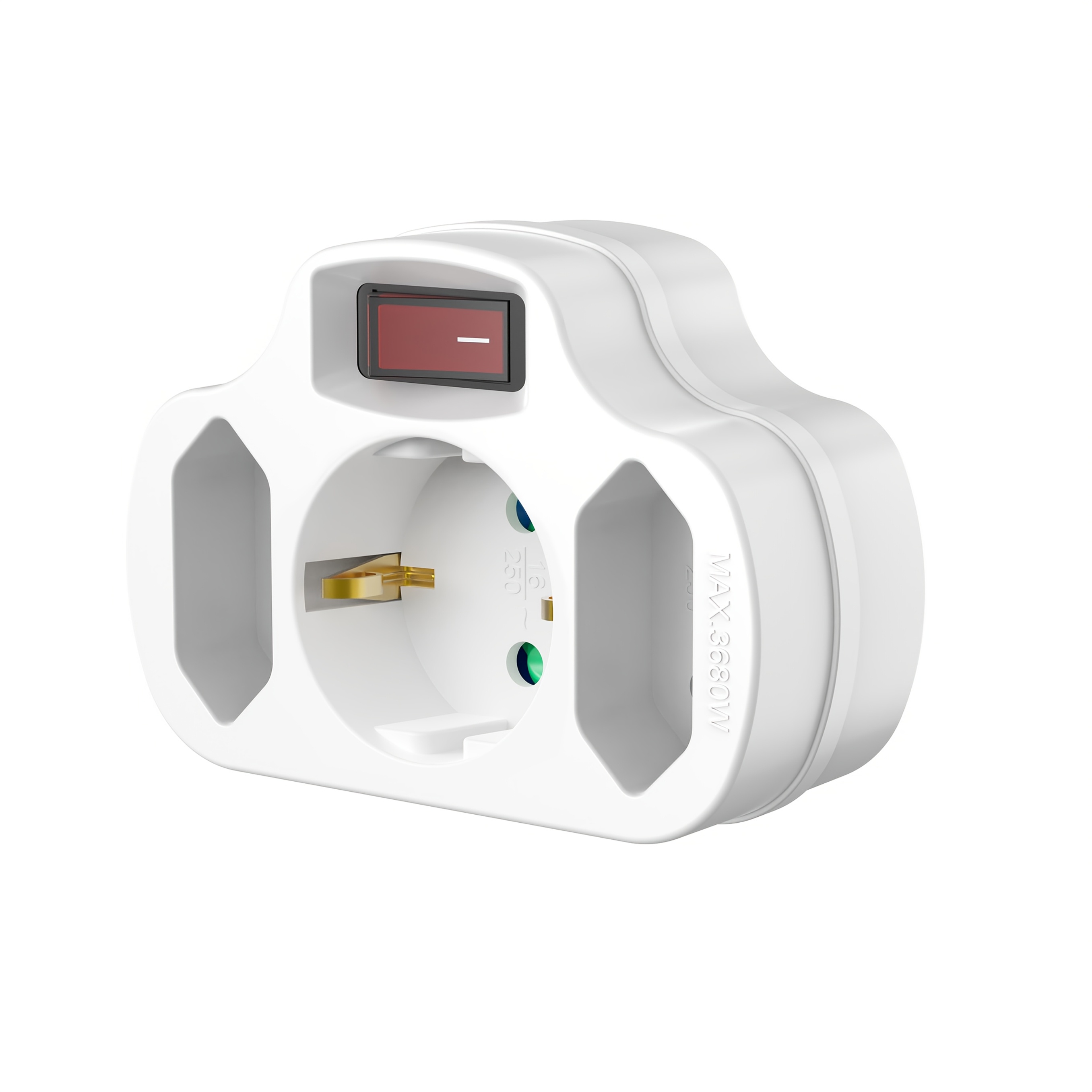 E-shop 3-in-1-Adaptersteckdose nach europäischem Standard, 3680 W, eine runde + zwei flache Standardsteckdosen, mit Hauptschalter Betriebsanzeige.