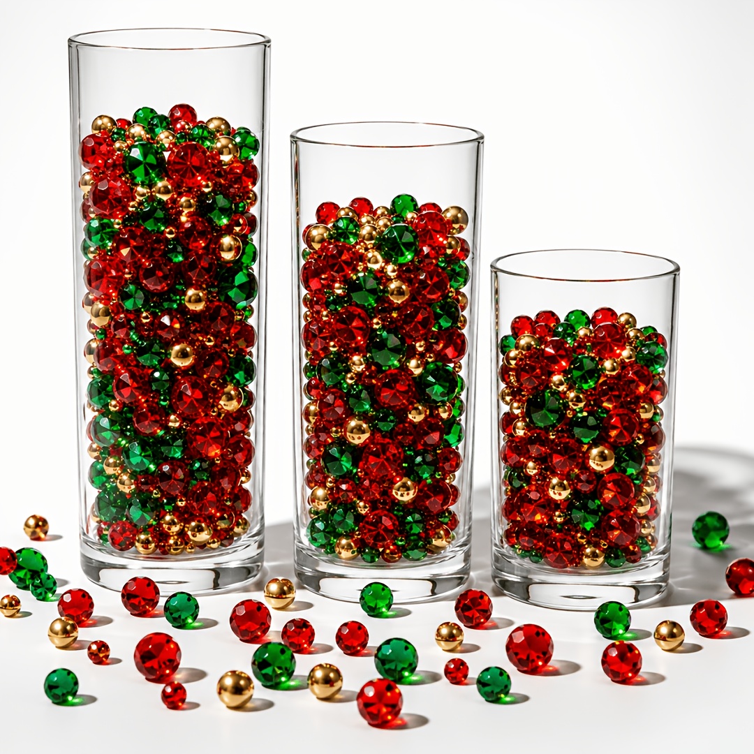 TEMU 551pcs Beads, Red Diamonds, Green Acrylic Crystals, Suitable For Vase Filler, Gems For Crafting, Golden Centerpieces For Tables, Christmas