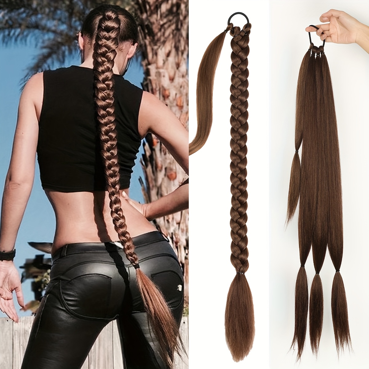 1pc elegant brown braided ponytail extension for women 34 long straight synthetic hair with curly   high temperature fiber versatile for daily wear   diy hairpiece