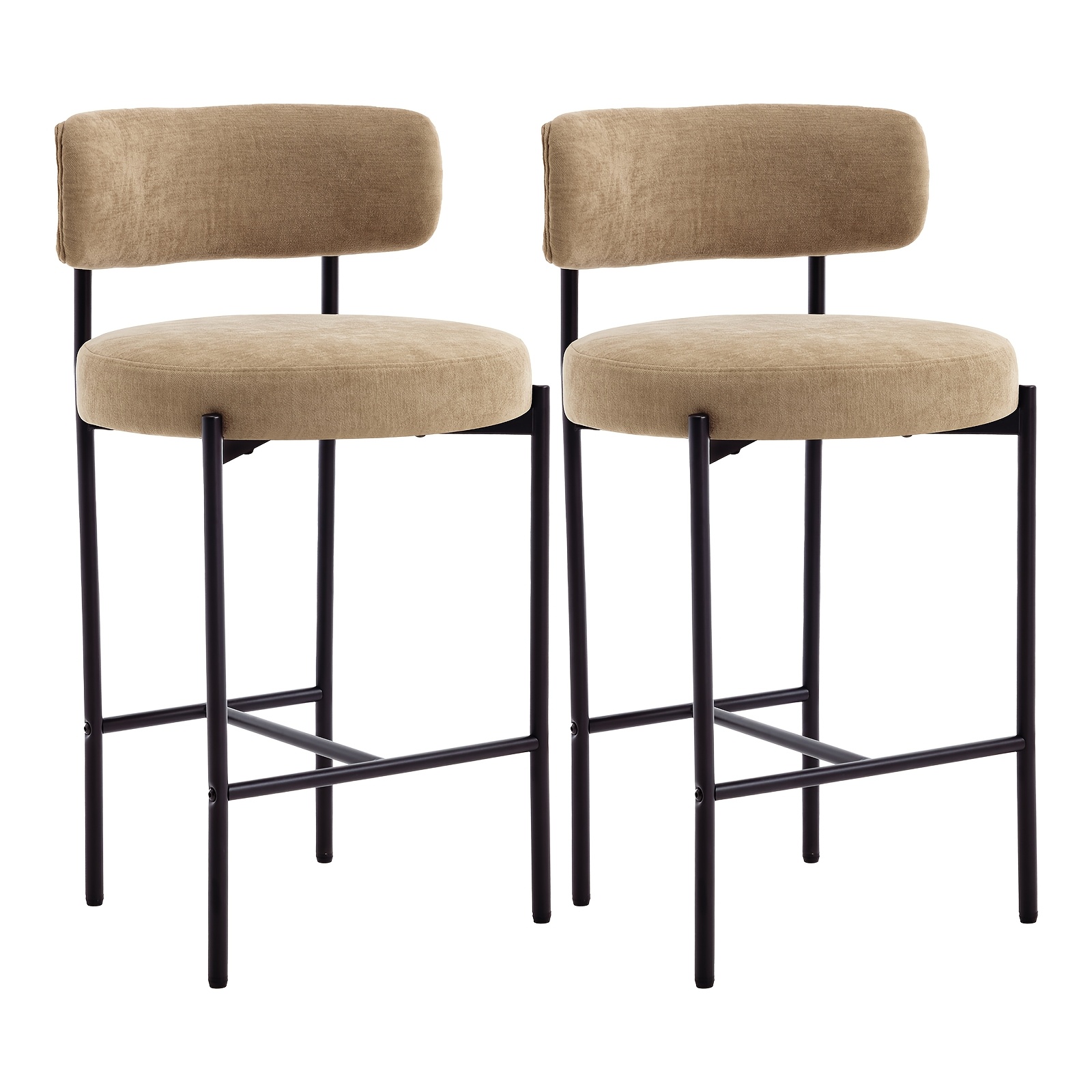 Image of Modern Chenille Bar Stools Set Of 2, Kitchen Stools With Curved Open Back & Metal Legs, Upholstered Breakfast Counter Stools, Armless Bar Chairs, Seat Height 68cm For Kitchen Island, Home Pub & Bistro
