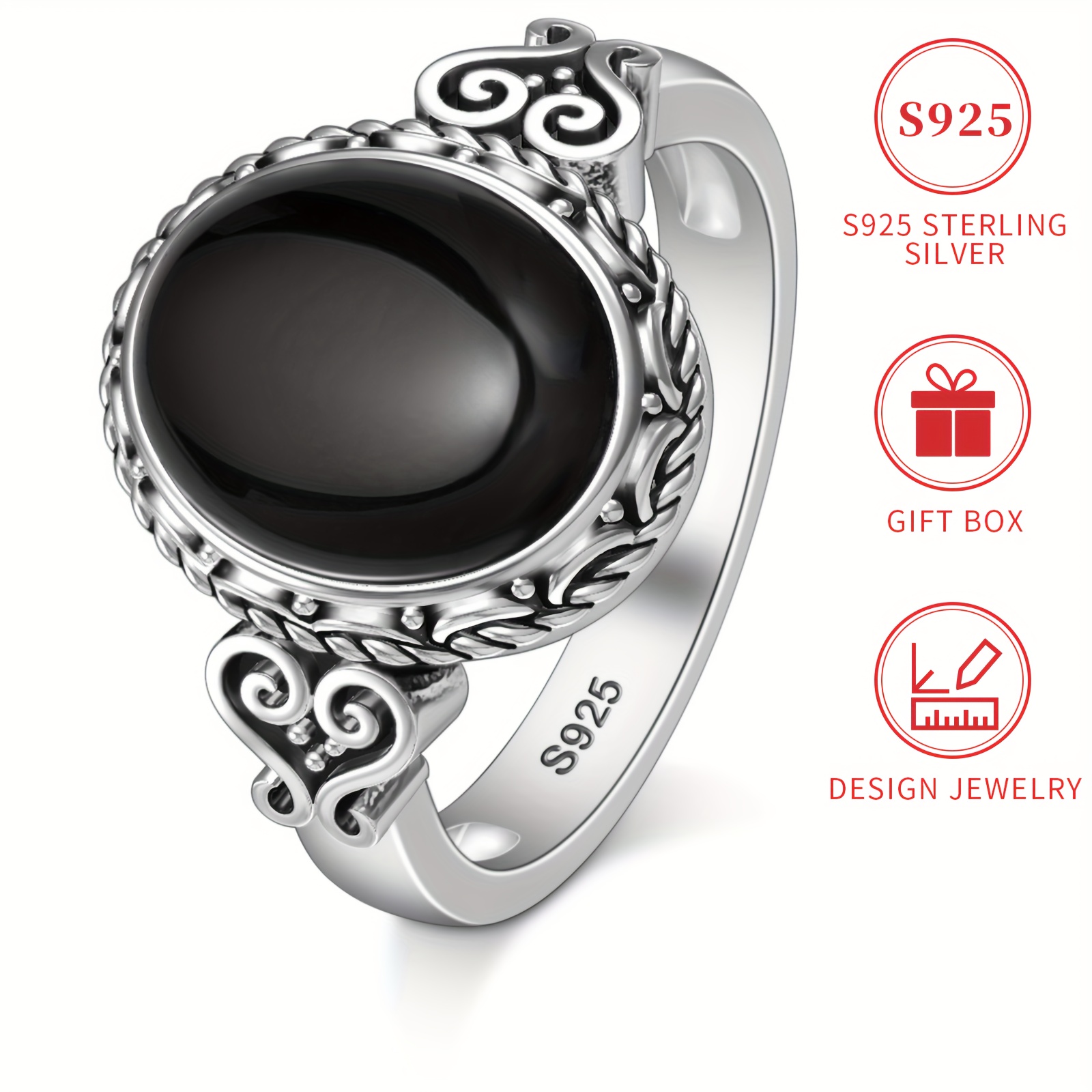 elegant black agate womens ring 925 sterling silvery hypoallergenic vintage victorian style with heart vine design     or gifting   gift box details 2