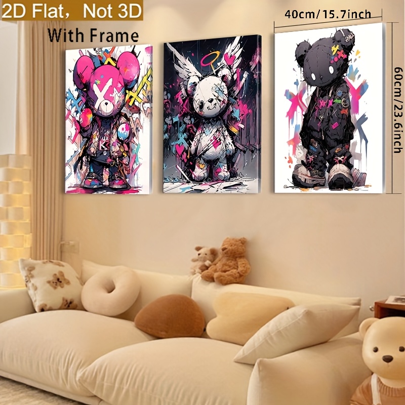 2D Flat Framed Decorative Wooden Frame Poster, Not 3D, 3pcs Set of Bear Graffiti Art Prints, Vibrant Streetwear Teddy Bears Canvas Wall Décor for Living Room, Bedroom, Office & More – Unique Modern Pop Art Design with Wooden Hanger