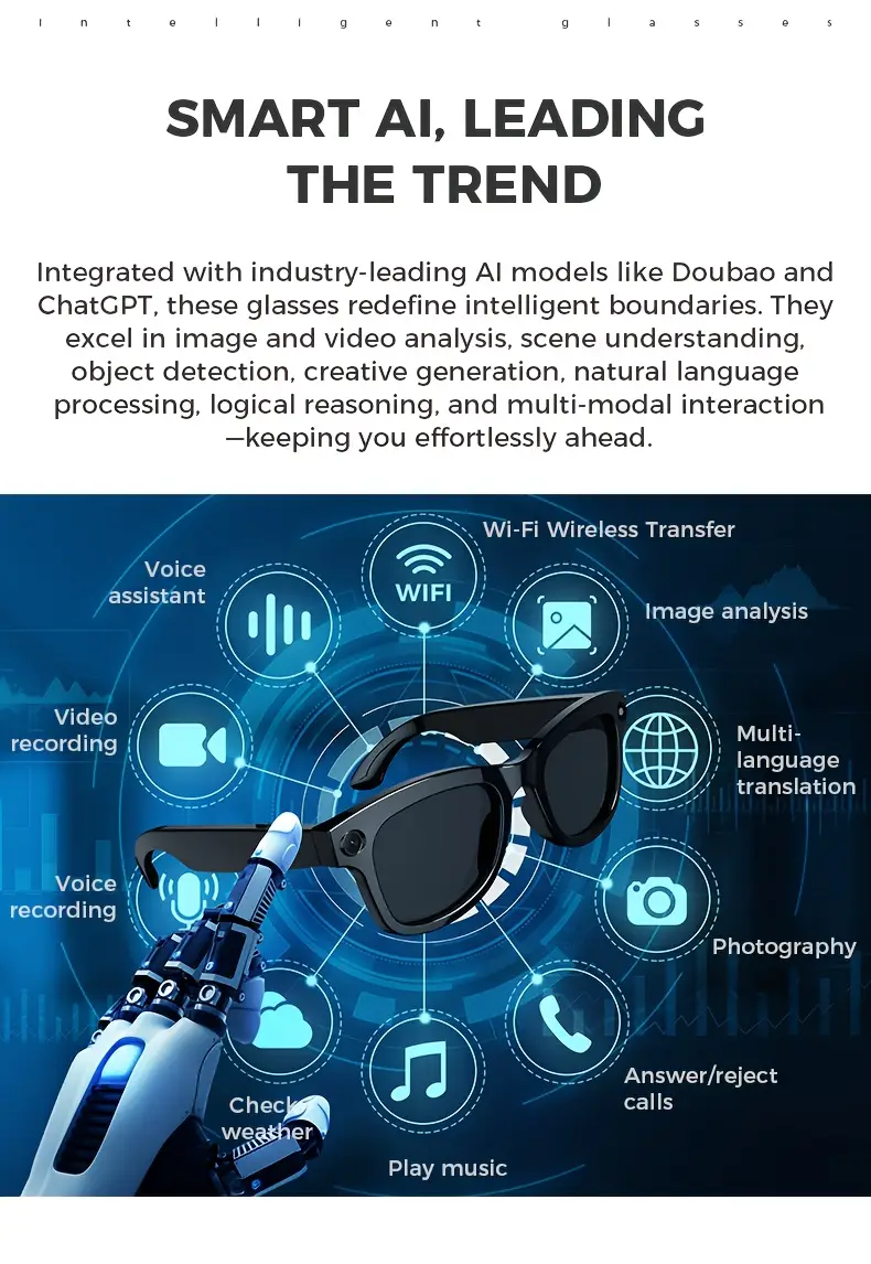 2025 new ai smart glasses with hd camera photo taking translation multi language translation wireless answer phone music player weather viewing video recording surveillance and more multifunctional smart glasses surround earphones touch button activated anti blue light function suitable for cycling motorcycle driving record outdoor fishing long Product details 3