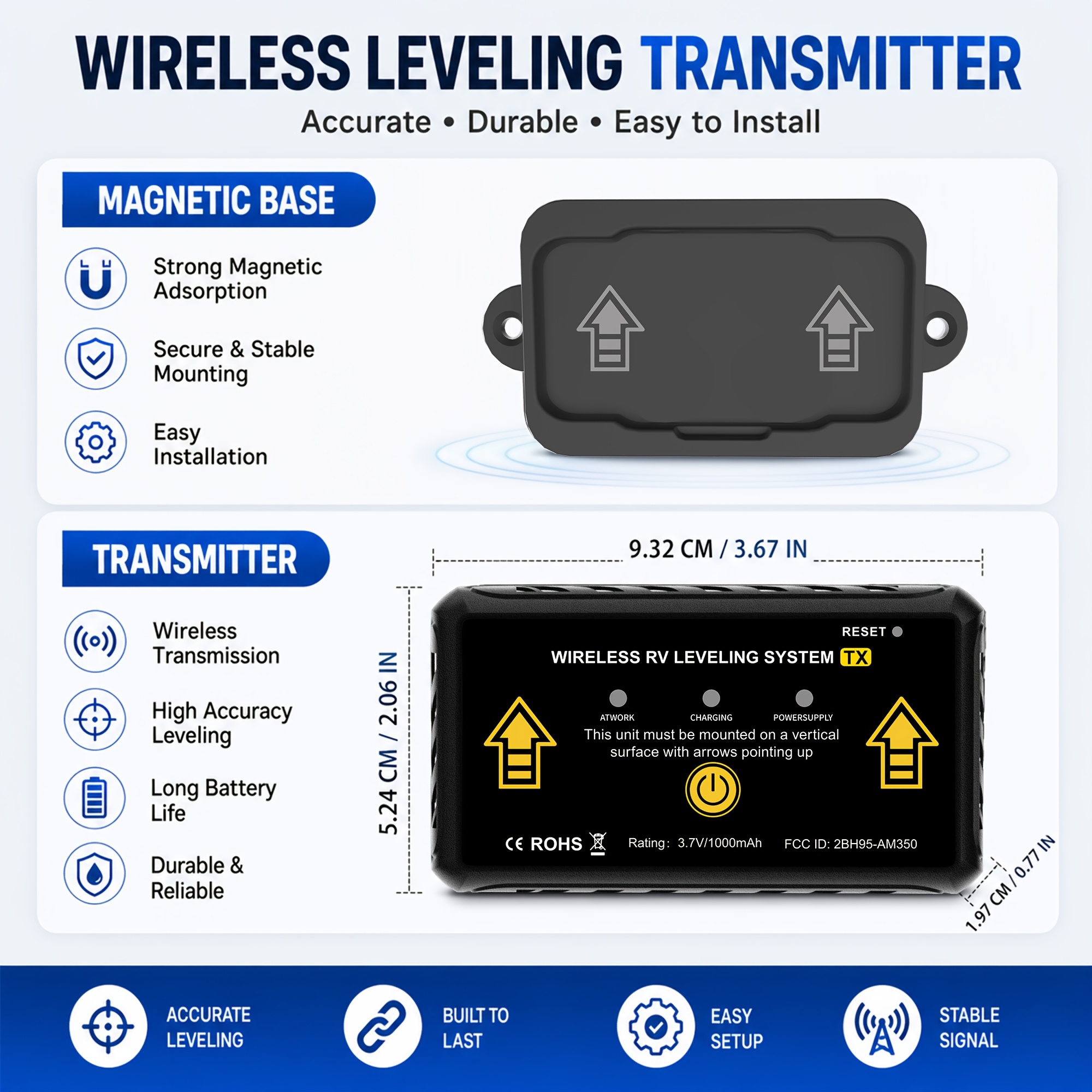 TEMU Wireless Rv Leveling System With Wireless App, Real-time Pitch And Roll Sensor, Magnetic Mount For Travel Trailers And Campers