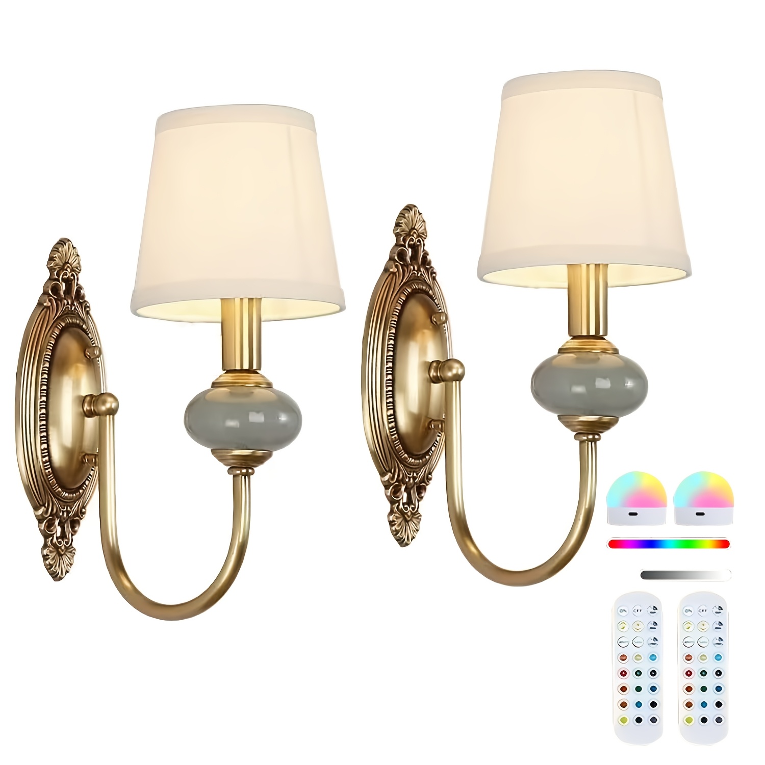 TEMU Wireless Battery Operated Wall Sconces Lights Set Of 2, Rechargeable Antique Brass Wall Light Sconce With Bulbs & Remotes, No Wires Dimmable