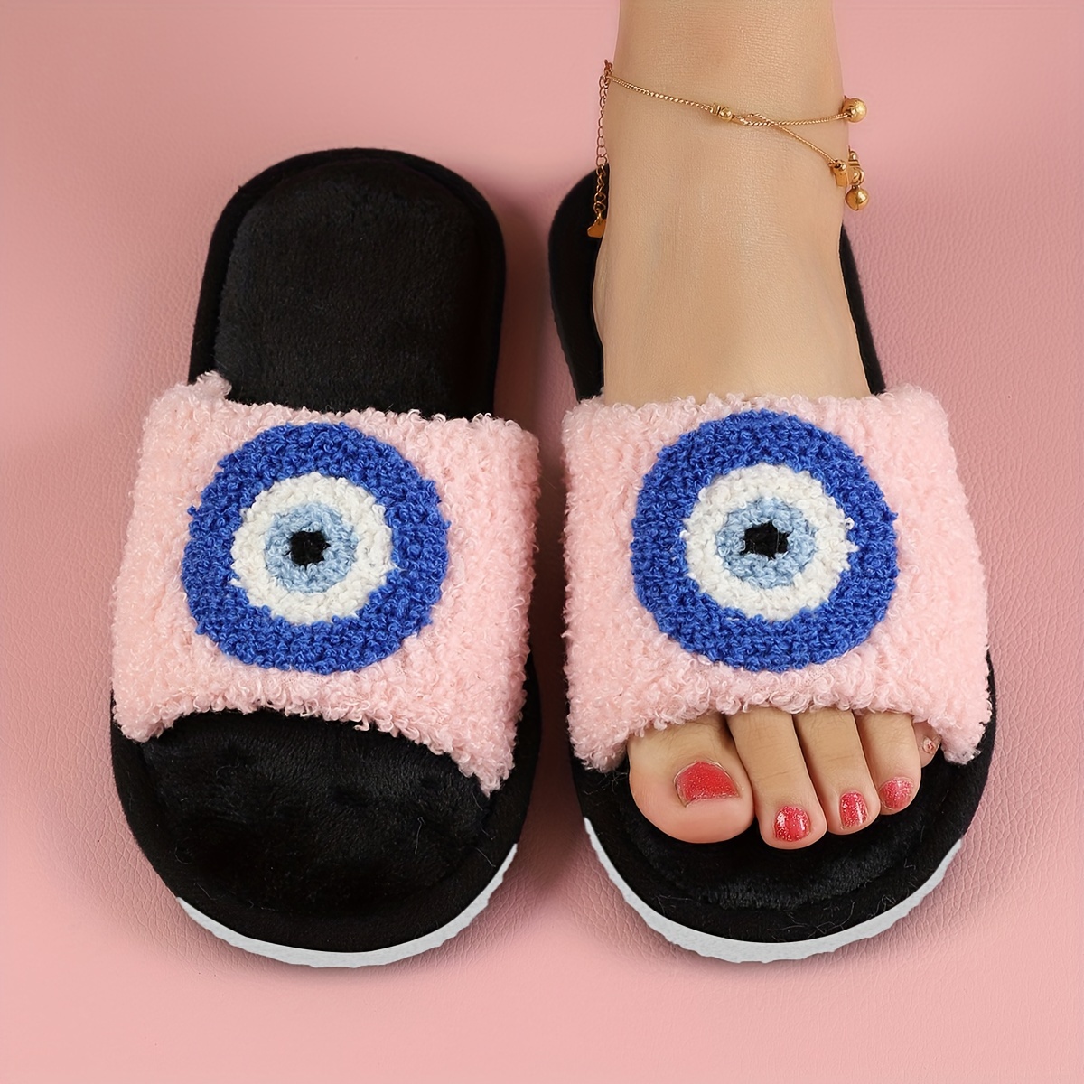 Cute Fuzzy Cartoon Eye Slippers, Soft Sole Home Non-slip Plush Lined Shoes  Indoor Mute Cozy Shoes