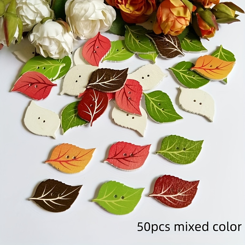 50pcs Assorted Leaf Pattern Wooden Buttons For Sewing, Crafts & Diy Projects - Mixed Colors, Clothing, Craft Accessories