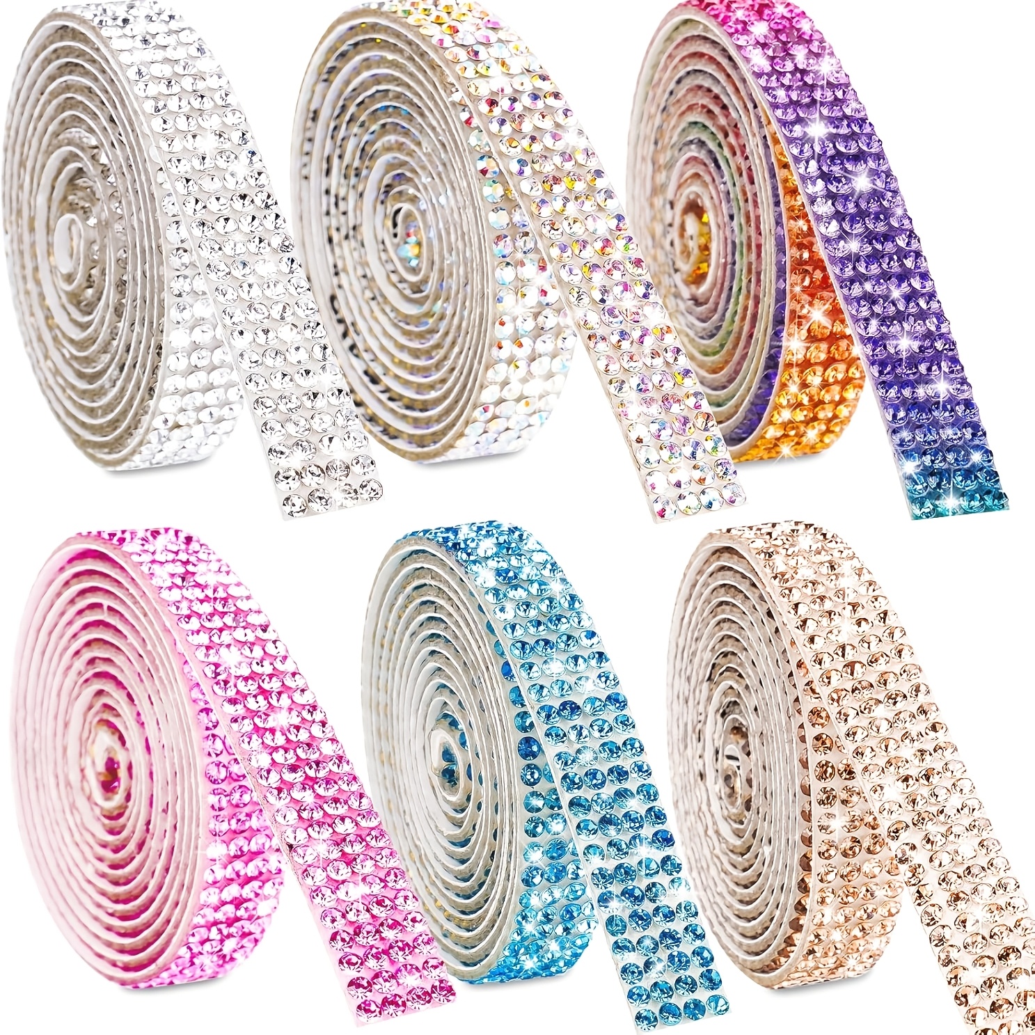 TEMU Set Of 6 Rolls Of Self-adhesive Crystal Rhinestone Diamond Ribbon, Each 0.9cm Wide, Totaling . Various Decorative Projects, Glittering Gemstone