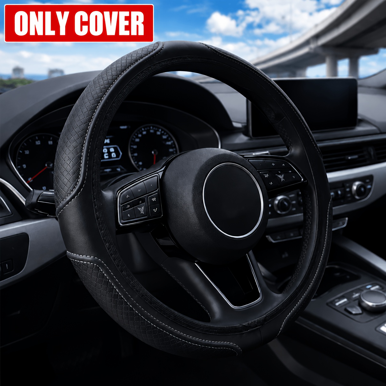 TEMU 1pc Housse de Volant en Similicuir Gaufrée à Double Pointe, 15 pouces Universelle Toutes Saisons Antidérapante Durable Protecteur de Voiture,