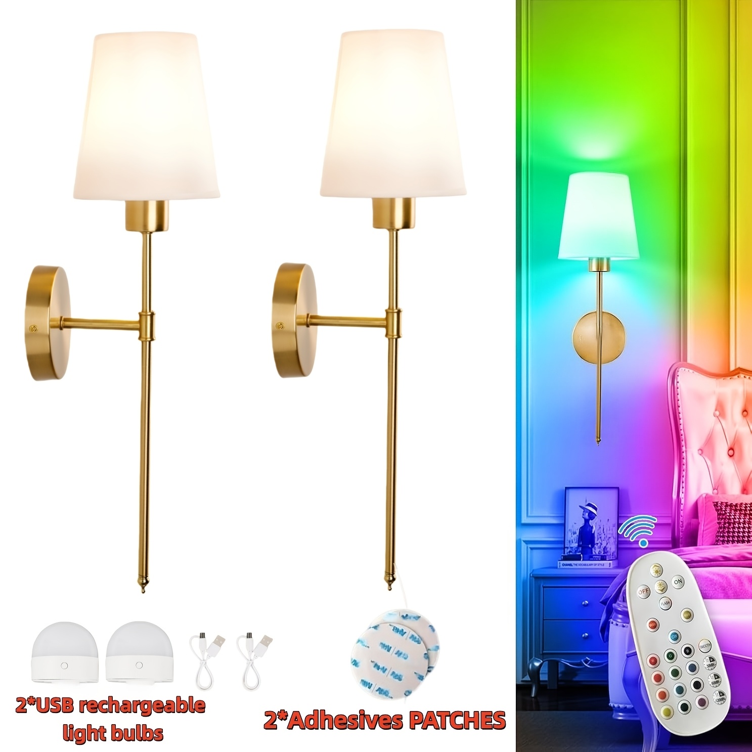 TEMU Lot de 2 Appliques Murales Modernes Fil à Coller avec Ampoules LED Rechargeables et Télécommande - Luminosité Réglable/Froid/Chaud, Installation