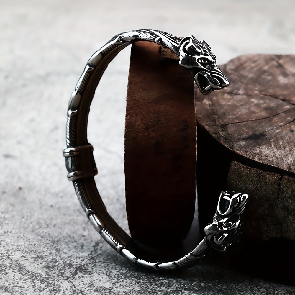 

Wolf Head Stainless Steel Men's Bangle, Viking Bracelet