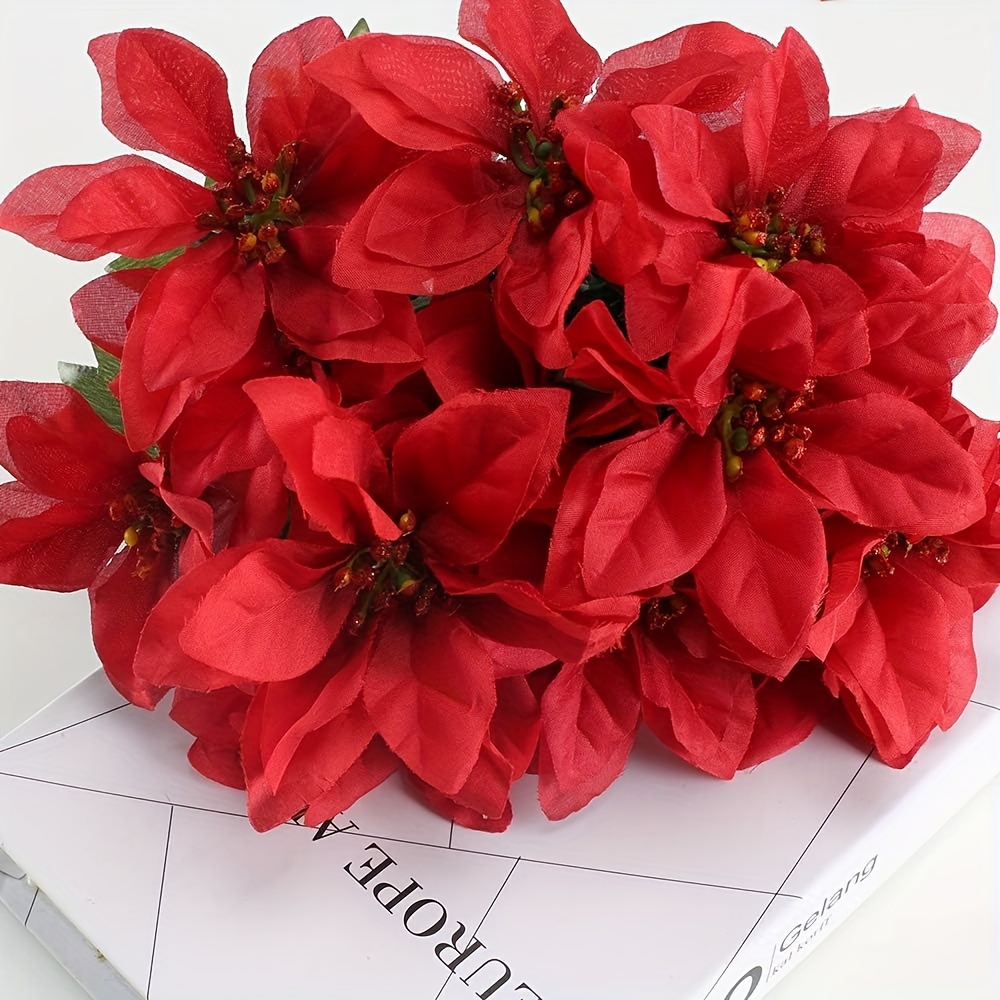 TEMU 1 Pack Artificial Poinsettia Shrub Faux Poinsettia Shrub Plant Indoor Outdoor Christmas Flower Bouquet Christmas Tree Decoration Home Porch Decor