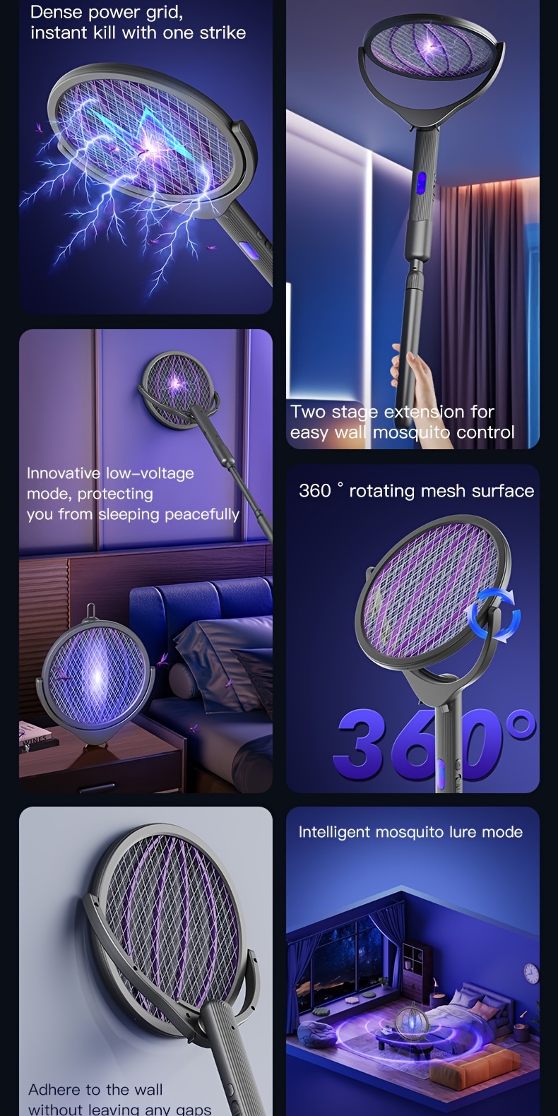 Electric Mosquito Swatter With Purple Light And Retractable Handle_voghion.com