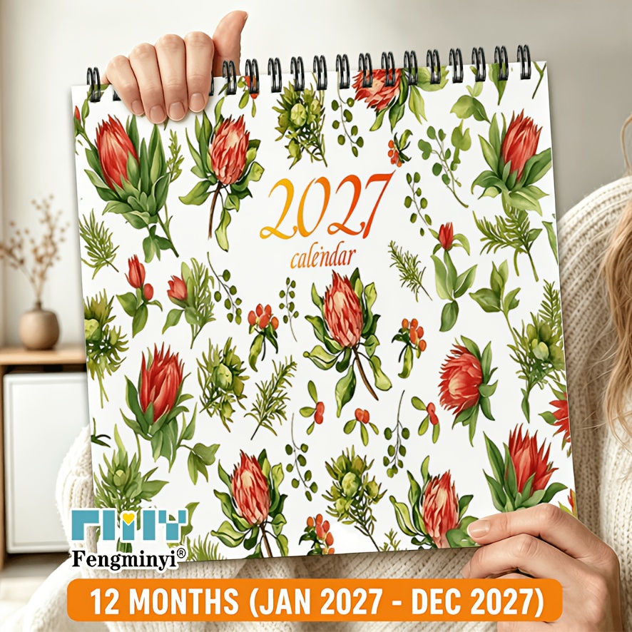TEMU 1pc A5 Spiral-bound Wall Calendar 2027 With Floral Cover - Monthly & Daily Planner Suitable For Home Office, Note Layout, Spiral Binding, Dated