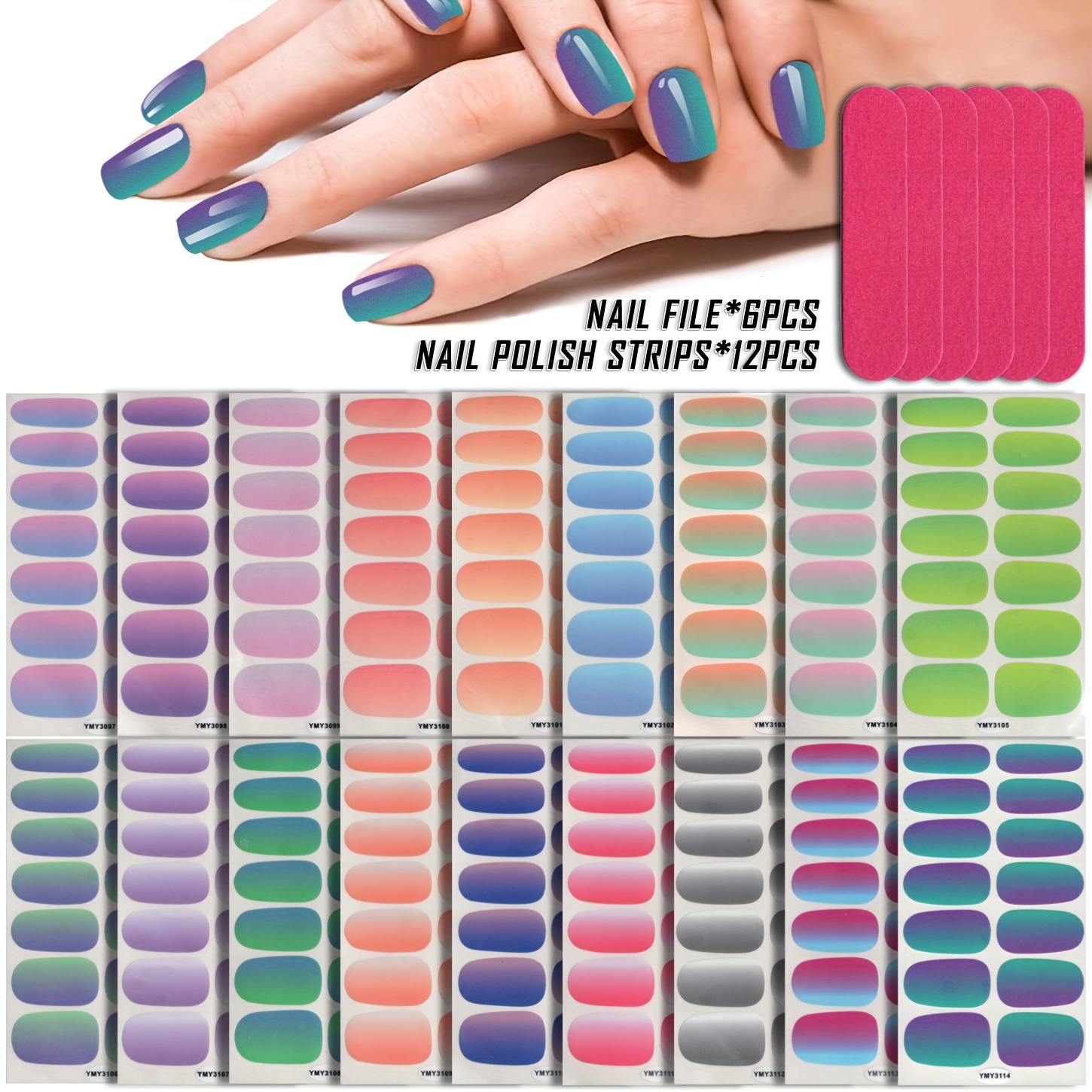 18pcs Dual-tone Gradient Nail Art Stickers With 6 Bonus Files - Self-adhesive, Shimmering Full Coverage Decals For Easy &