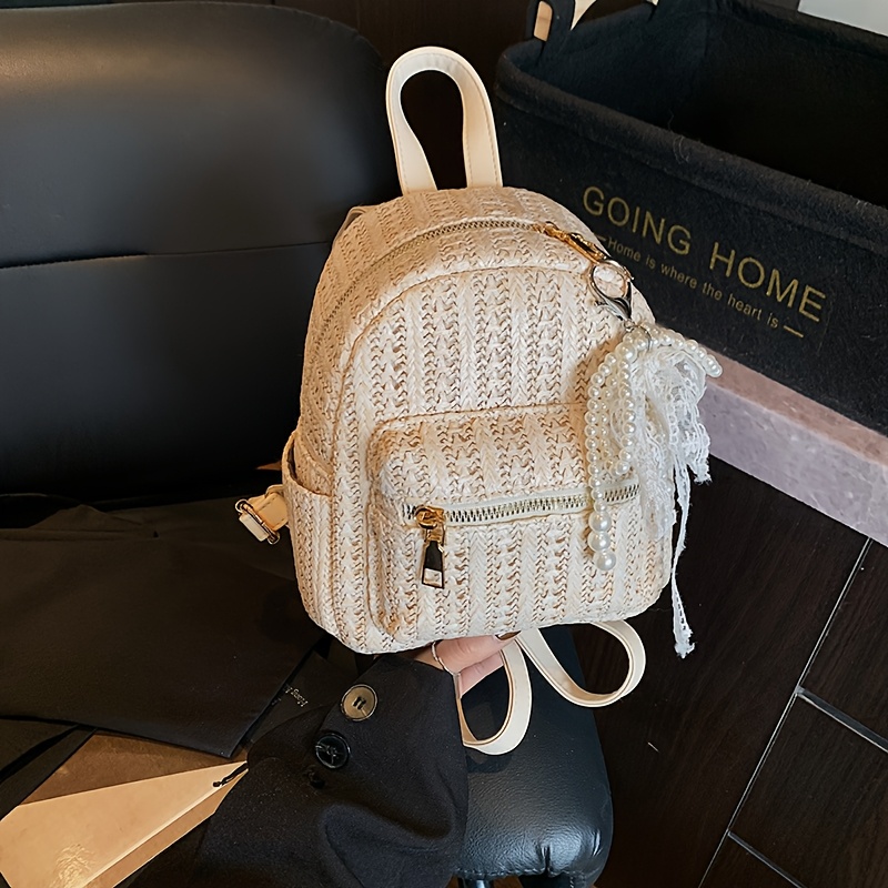womens beige straw backpack mini travel bag zipper closure  display picture 3