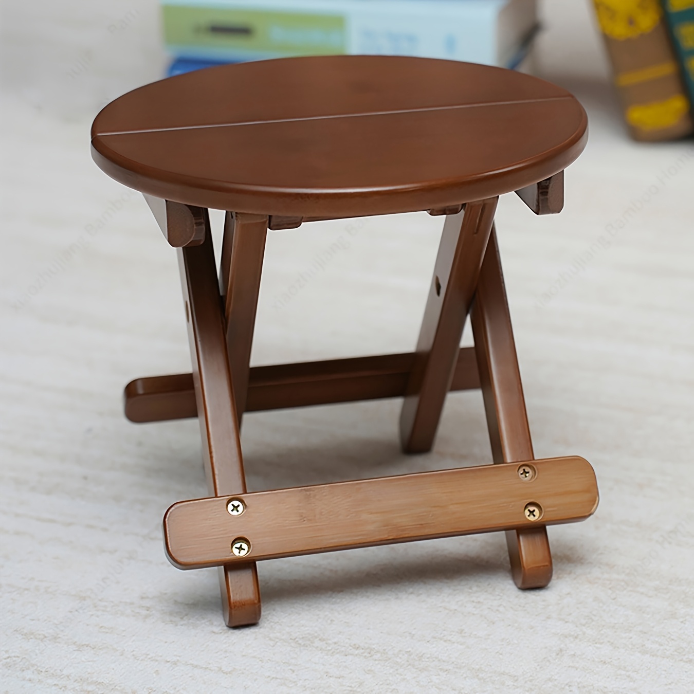 1pc bamboo folding stool lightweight portable round with slatted - Main Image