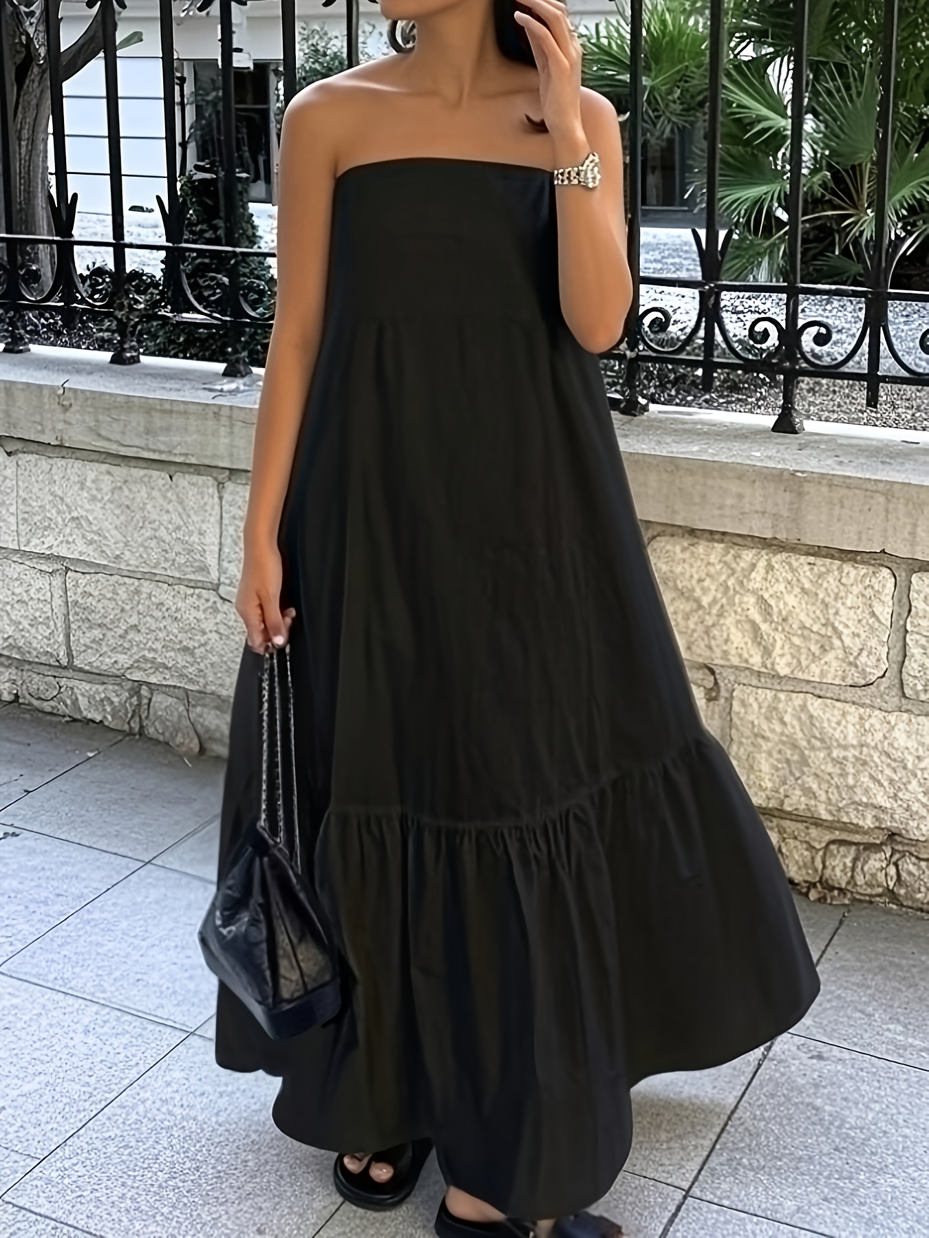 women's strapless maxi dress hem solid color black Temu Greece