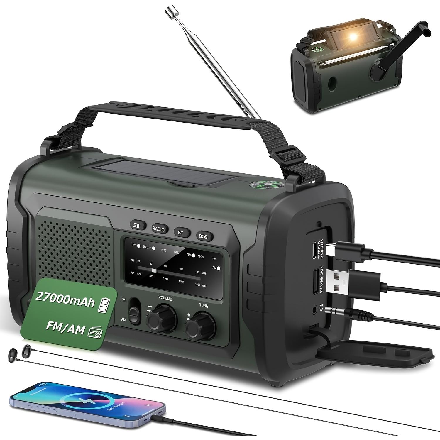 Image of 27000 Mah Crank Radio, Emergency Radio Solar Crank Fm/am With Wireless, Sos Alarm Emergency Radio, Crank Radio With Wireless Speakers And Headphone Jack For Camping, Motorhome And Power Outage