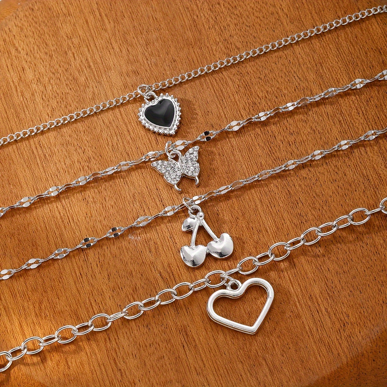 4pcs Elegant Shiny Rhinestone Butterfly Heart Pendant Necklace Set, Stylish Silvery Cherry Multi-Layer Layered Necklaces for Women, Trendy Daily Party Accessories
