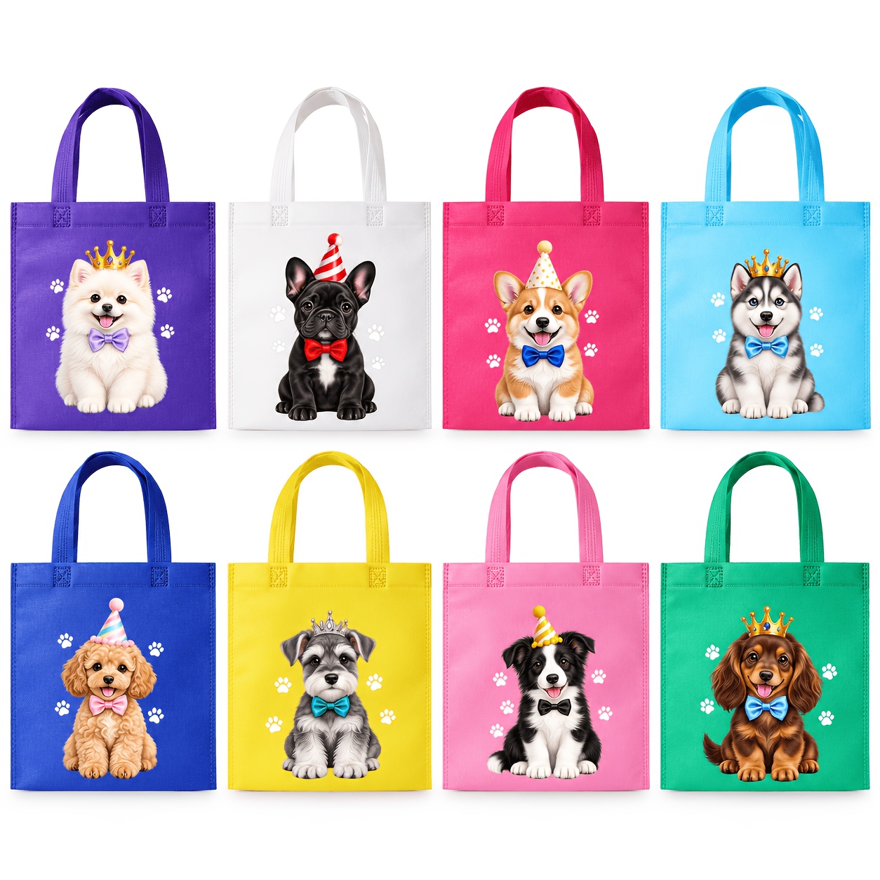 TEMU 8/16 Pack Dog Gift Bags Suitable For Puppy Parties, 8 Assorted Cute Puppy Designs Non-woven Tote Bags With T-shaped Handle Sturdy Holders,
