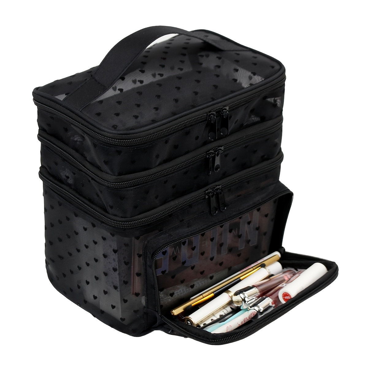 TEMU Design Simple et Élégant en avec Petits Cœur, Associé à une Couleur Noire Minimaliste. Trousse de Maquillage Grande Capacité et Multifonction à